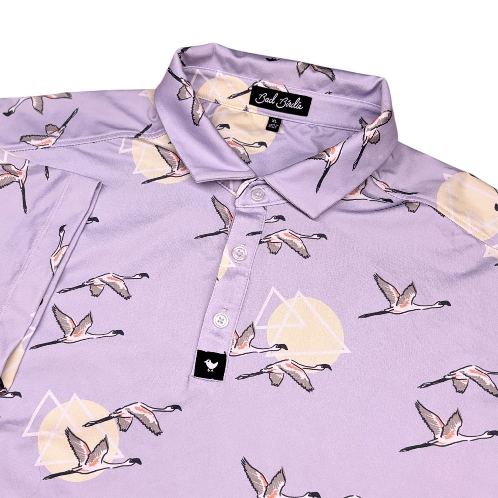 Bad Birdie Polo Shirt Mens XL Purple Flamingo Print Performance Golf SS